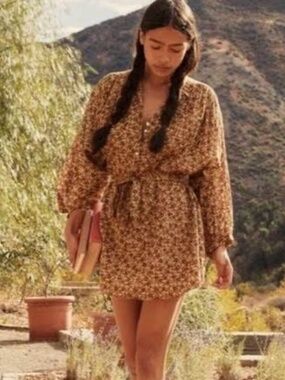 DÔEN Opal Dress, Golden Mesa Floral, Size L, Women's 100% Cotton Button Up Mini
